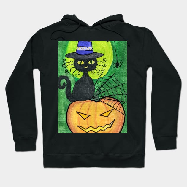 Black cat in purple witch hat on Jack o lantern gouache painting Hoodie by Starlight Tales